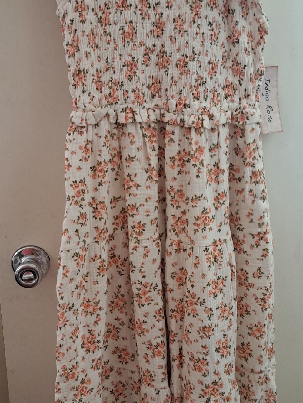 Womens Floral Smocked Maxi Dress - Cream with Peach Floral - Picture 3 of 3